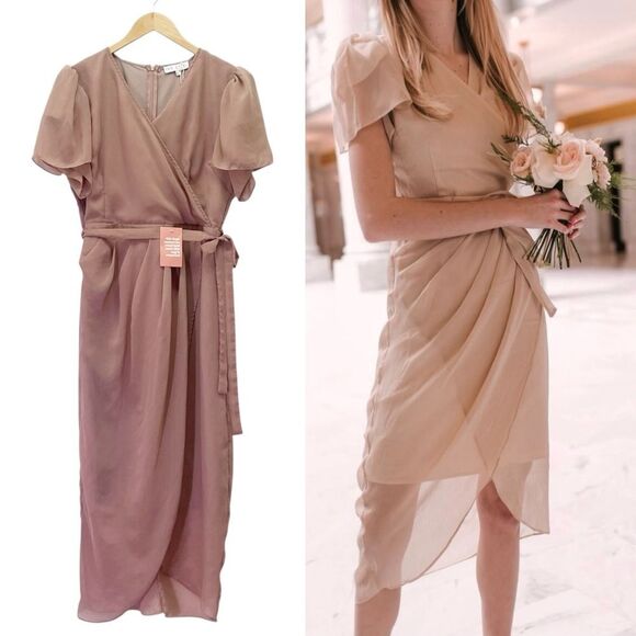 NWT Ivy City Co Lillie Dress Dusty Rose Size Large Flutter Sleeve Chiffon Midi - Picture 1 of 15